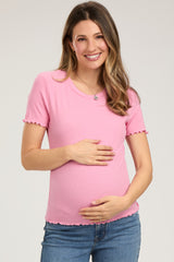 Pink Ribbed Fitted Lettuce Trim Maternity Top