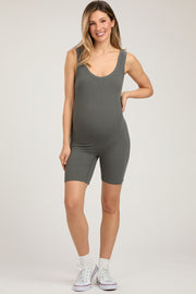 Grey Sleeveless Ribbed Biker Short Maternity Romper