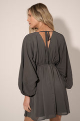 Charcoal Solid Deep V Neck Chiffon Bishop Sleeve Mini Dress