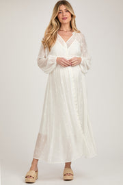 Ivory Embroidered Maternity Button Down Maxi Dress