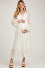 Ivory Embroidered Maternity Button Down Maxi Dress