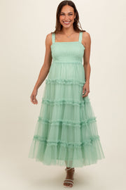 Mint Green Smocked Ruffle Tiered Tulle Maternity Midi Dress