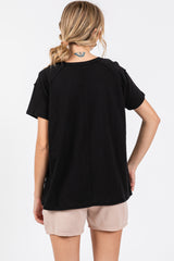 Black Raw Hem Short Sleeve Top