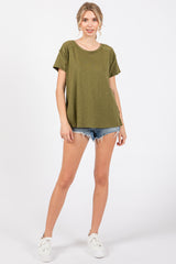 Olive Raw Hem Short Sleeve Top