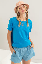 Blue Raw Hem Short Sleeve Top