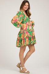 Green Tropical Floral Smocked V-Neck Maternity Midi Dress