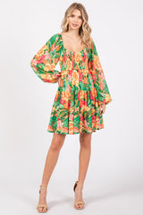 Green Tropical Floral Smocked V-Neck Midi Dress