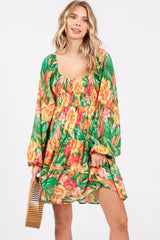 Green Tropical Floral Smocked V-Neck Maternity Midi Dress