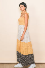 Yellow Multicolor Ditsy Floral Shoulder Tie Maxi Dress