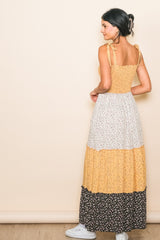 Yellow Multicolor Ditsy Floral Shoulder Tie Maxi Dress