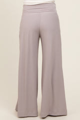 Grey Ribbed Foldover Waist Maternity Wide Leg Pants