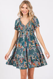 Teal Floral Smocked V-Neck Short Sleeve Dress