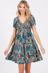 Teal Floral Smocked V-Neck Short Sleeve Maternity Dress