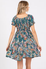 Teal Floral Smocked V-Neck Short Sleeve Dress