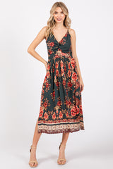 Forest Green Floral V-Neck Front Knot Side Slit Maternity Midi Dress