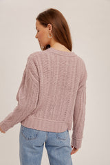 Mauve Crew Neck Cable Sweater Pullover