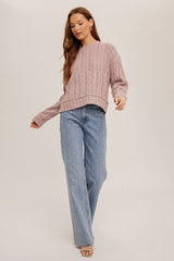 Mauve Crew Neck Cable Sweater Pullover