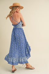 Blue Printed Ruffle Dress