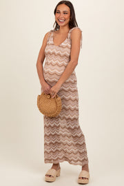 Taupe Chevron Crochet Shoulder Tie Maternity Midi Dress