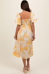 Yellow Floral Square Neck Smocked Short Puff Sleeve Maternity Midi Dress