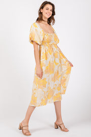 Yellow Floral Square Neck Smocked Short Puff Sleeve Midi Dress