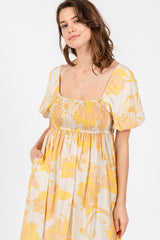 Yellow Floral Square Neck Smocked Short Puff Sleeve Midi Dress