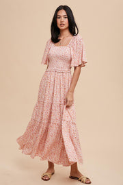 Pink Floral Smocked Tiered Maxi Dress