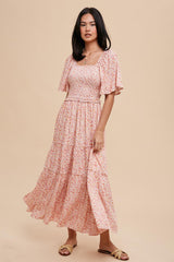 Pink Floral Smocked Tiered Maternity Maxi Dress