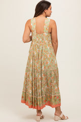 Light Olive Floral Sleeveless Tiered Maternity Midi Dress