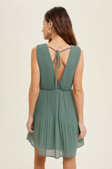 Pistachio Pleated Mini Dress With Self Back Tie Detail