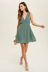 Pistachio Pleated Mini Dress With Self Back Tie Detail