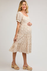 Taupe Floral Square Neck Tiered Maternity Midi Dress