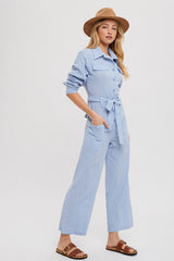 Chambray Button Down Tie-Waist Shirt Jumpsuit