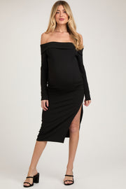 Black Ribbed Off Shoulder Side Slit Maternity Midi Dress