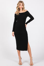 Black Ribbed Off Shoulder Side Slit Midi Dress