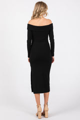 Black Ribbed Off Shoulder Side Slit Midi Dress
