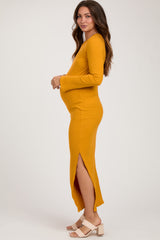 Yellow Ribbed Side Slit Maternity Maxi Dress