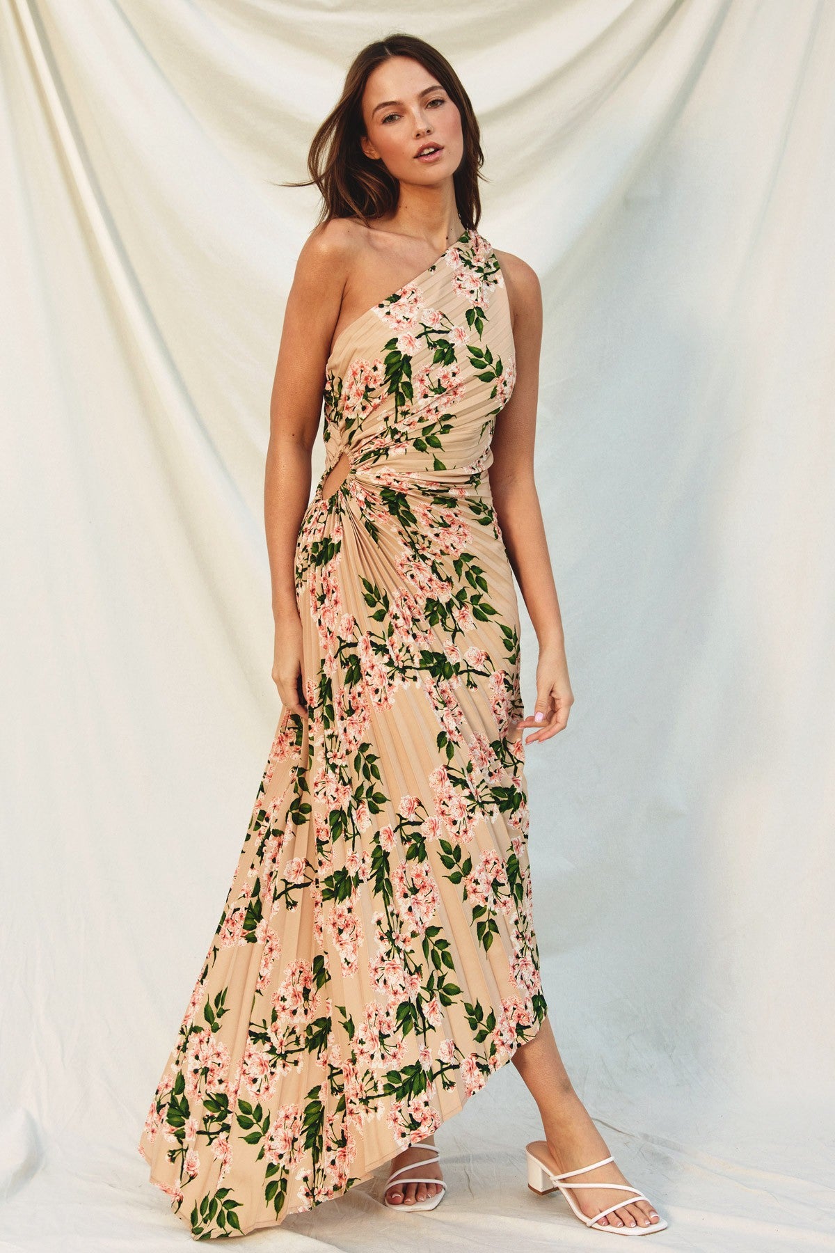 Taupe Floral One Shoulder Pleated Asymmetrical Maxi Dress PinkBlush