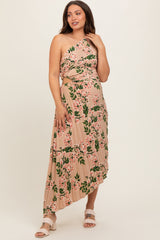 Taupe Floral One Shoulder Pleated Asymmetrical Maternity Maxi Dress