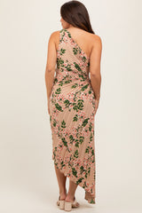 Taupe Floral One Shoulder Pleated Asymmetrical Maternity Maxi Dress