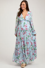 Blue Floral Chiffon Ruffle Tiered Maternity Maxi Dress