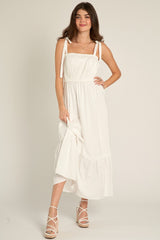 White Pleated Shoulder Tie Midi Dress