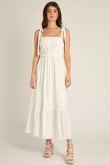 White Pleated Shoulder Tie Midi Dress