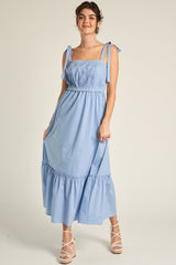 Light Blue Pleated Shoulder Tie Maternity Midi Dress