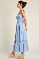 Light Blue Pleated Shoulder Tie Midi Dress