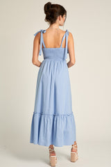 Light Blue Pleated Shoulder Tie Midi Dress