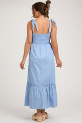 Light Blue Pleated Shoulder Tie Maternity Midi Dress