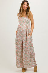 Light Pink Floral Sleeveless Tie Back Maternity Jumpsuit