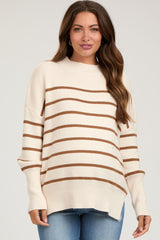 Beige Striped Drop Shoulder Maternity Sweater