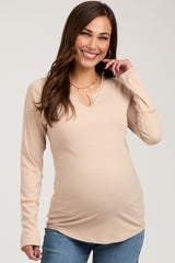 Beige V-Neck Maternity Long Sleeve Shirt